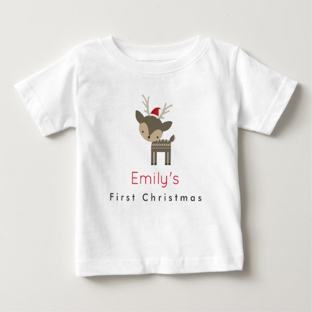 First Christmas Deer In A Red Santa Hat Custom Baby T-Shirt (Front)