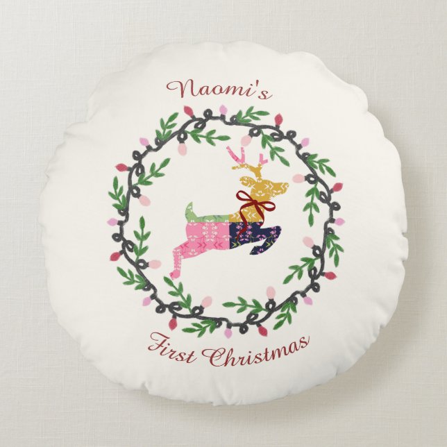 First Christmas Deer with Wreath Customize Round Cushion (Front)