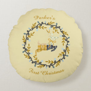 First Christmas Deer with Wreath Soft Yellow  Round Cushion