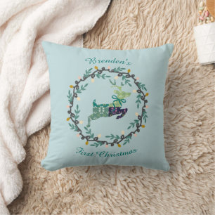 First Christmas Deer with Wreath Teal Customize Cushion