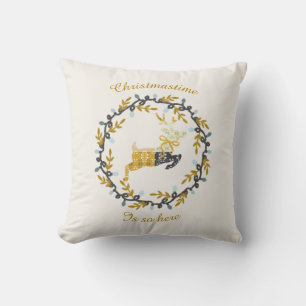 First Christmas Deer with Wreath Yellow Cream Cushion
