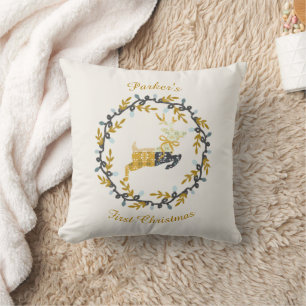 First Christmas Deer with Wreath Yellow Cream Cushion