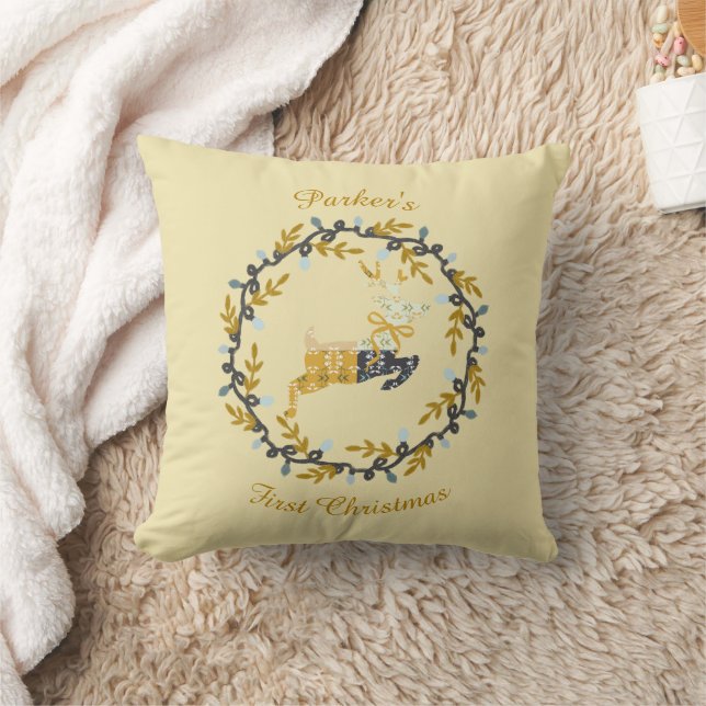 First Christmas Deer with Wreath Yellow  Cushion (Blanket)