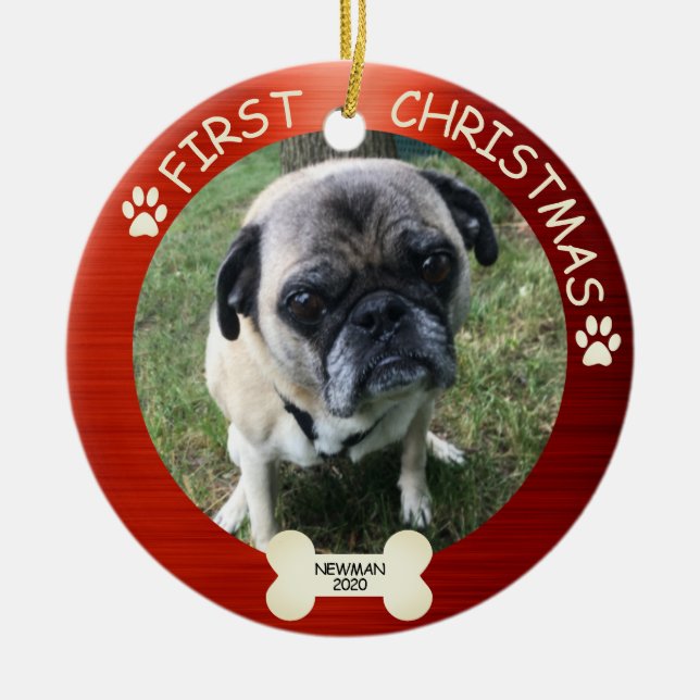 First Christmas Dog Cute Red Ceramic Tree Decoration (Front)
