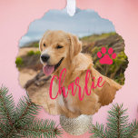 First Christmas dog in forever home photo name<br><div class="desc">Modern add your pet name pink script first Christmas with your dog keepsake tree ornament card.</div>