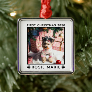 First Christmas Dog Photo Name Paw Prints Custom Metal Tree Decoration