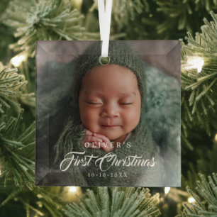 First Christmas Editable Colour Newborn Baby Photo Glass Tree Decoration