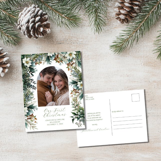 First Christmas Elegant Greenery Arch Photo Holiday Postcard (Creator Uploaded)