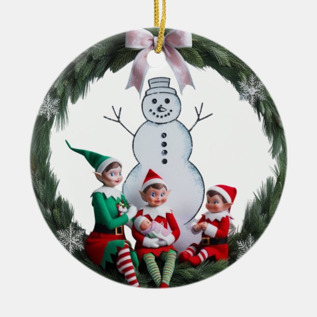 First Christmas Elf Team Wreath Photo Ceramic  Tree Decoration (Front)