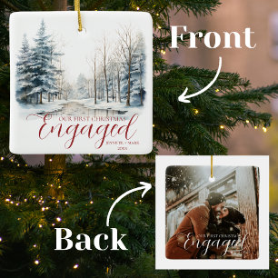 First Christmas Engaged 1 Photo Watercolor Forest Ceramic Ornament