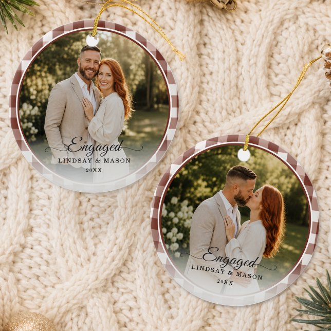 First Christmas Engaged 2 Photo Brown Gingham Ceramic Tree Decoration (First Christmas Engaged 2 Photo Brown Gingham Ceramic Ornament)