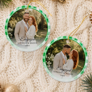 First Christmas Engaged 2 Photo Green Gingham Ceramic Tree Decoration