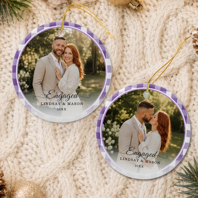 First Christmas Engaged 2 Photo Purple Gingham Ceramic Tree Decoration (First Christmas Engaged 2 Photo Purple Gingham Ceramic Ornament)