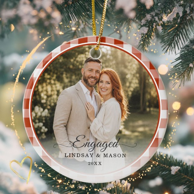 First Christmas Engaged 2 Photo Red Gingham Ceramic Tree Decoration (First Christmas Engaged 2 Photo Red Gingham Ceramic Ornament)