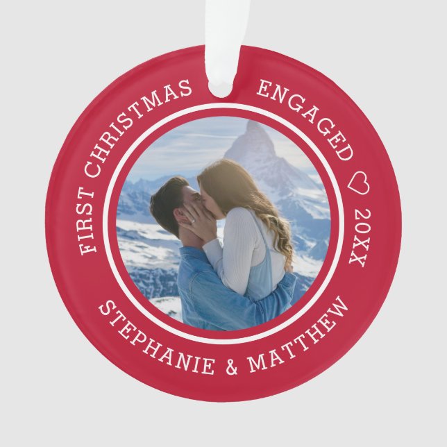 First Christmas Engaged 2 Photo Red Ornament (Front)