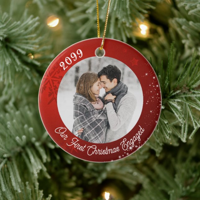 First Christmas Engaged 2 Photo Red Snowflake  Ceramic Tree Decoration (Tree)