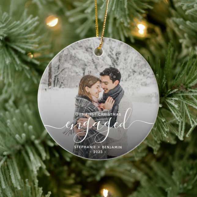 First Christmas Engaged 2-Photo White Script Ceramic Tree Decoration (Tree)