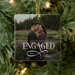 First Christmas Engaged Chic Couples 2 Photos Ceramic Ornament