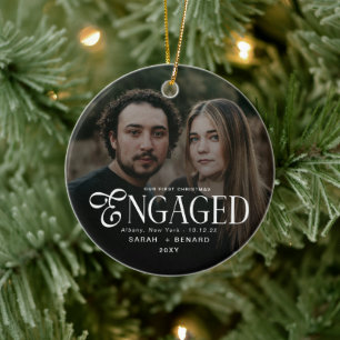 First Christmas Engaged  Chic Couples Photo Cerami Ceramic Tree Decoration