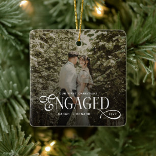 First Christmas Engaged Chic Couples Photo Ceramic Ornament