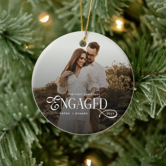 First Christmas Engaged  Chic Couples Photo Ceramic Tree Decoration (Tree)
