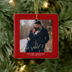 First Christmas Engaged Couple Custom Photo Ceramic Ornament