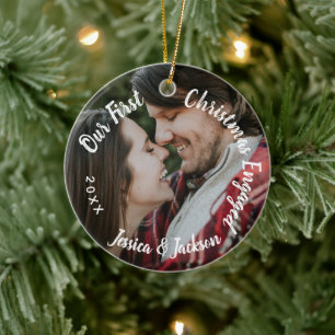 First Christmas Engaged Couple Engagement Photo  Ceramic Tree Decoration