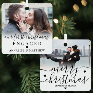 First Christmas Engaged Couple Engagement Photo Metal Tree Decoration