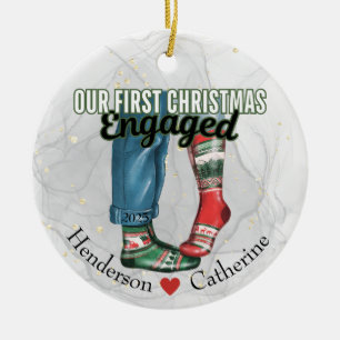 First Christmas Engaged Couple in Socks Ceramic Tree Decoration