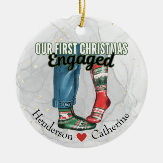 First Christmas Engaged Couple in Socks Ceramic Tree Decoration