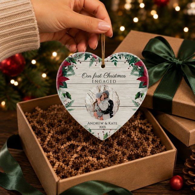 First Christmas Engaged Couple Photo Ceramic Tree Decoration (Creator Uploaded)