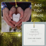 First Christmas Engaged Couple Photo Elegant Ceramic Ornament<br><div class="desc">Celebrate the magic of your First Christmas engaged with our couple photo elegant ceramic ornament. Personalise this beautiful keepsake with your engagement photo or cherished picture. Add names and year on the back that is delicately accented with snowflakes. Add a touch of romance to your holiday decor and cherish this...</div>