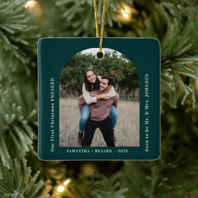 First Christmas Engaged Couples Photo Arch Ceramic Ornament (Tree)