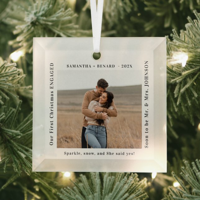 First Christmas Engaged  Couples Photo Glass Tree Decoration (Insitu)
