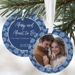 First Christmas Engaged Couples Photo Poinsettia<br><div class="desc">Commemorate your first Christmas as an engaged couple with this beautiful photo ornament with a classic blue and white hand drawn poinsettia pattern featuring a photo on one side and your text on the back.</div>