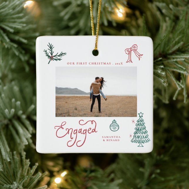 First Christmas Engaged Couples Photo Whimsical  Ceramic Ornament (Tree)