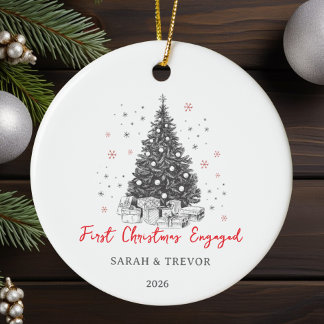 First Christmas Engaged Custom Black and White Ceramic Tree Decoration