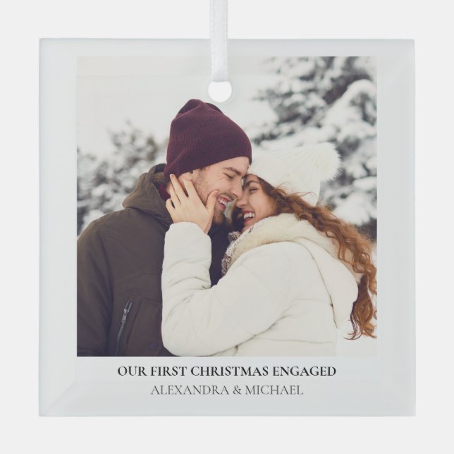 First Christmas Engaged | Custom Engagement Photo Glass Tree Decoration (Front)