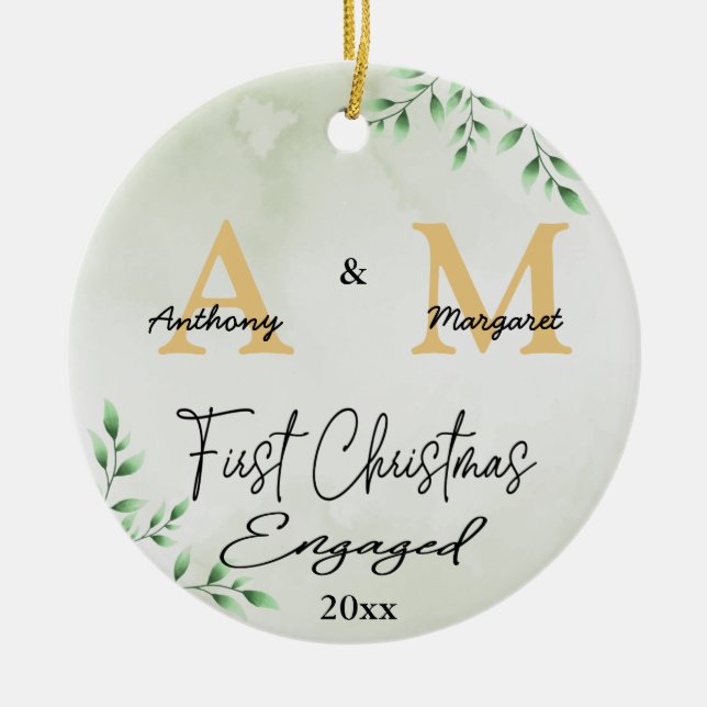 First Christmas Engaged Custom Monogram Name Photo Ceramic Tree Decoration (Front)