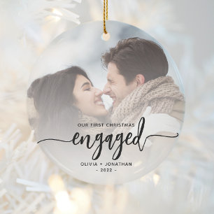 First Christmas Engaged Custom Photo Black Script Ceramic Tree Decoration