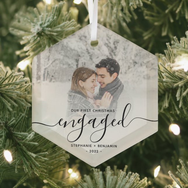 First Christmas Engaged Custom Photo Black Script Glass Tree Decoration (Insitu)