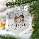 First Christmas Engaged Custom Photo Black Script Glass Tree Decoration<br><div class="desc">Commemorate your engagement with this beautiful modern keepsake ornament. The black text reads "Our first Christmas engaged, " with the word "engaged" in elegant handwriting script with flourishes before and after. Replace the sample image with your favourite photo, and add your names and the year. A white gradient filter helps...</div>