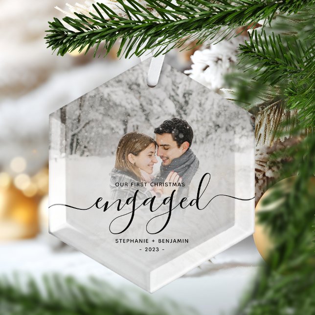 First Christmas Engaged Custom Photo Black Script Glass Tree Decoration (Creator Uploaded)