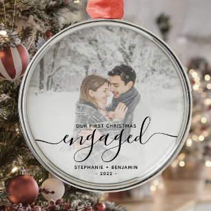 First Christmas Engaged Custom Photo Black Script Metal Tree Decoration