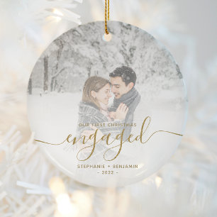 First Christmas Engaged Custom Photo Gold Script Ceramic Tree Decoration