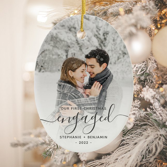 First Christmas Engaged Custom Photo Gray Script Ceramic Tree Decoration (Creator Uploaded)
