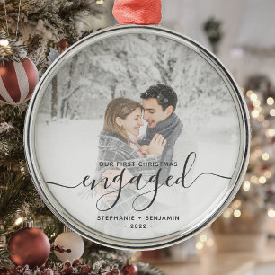 First Christmas Engaged Custom Photo Gray Script Metal Tree Decoration