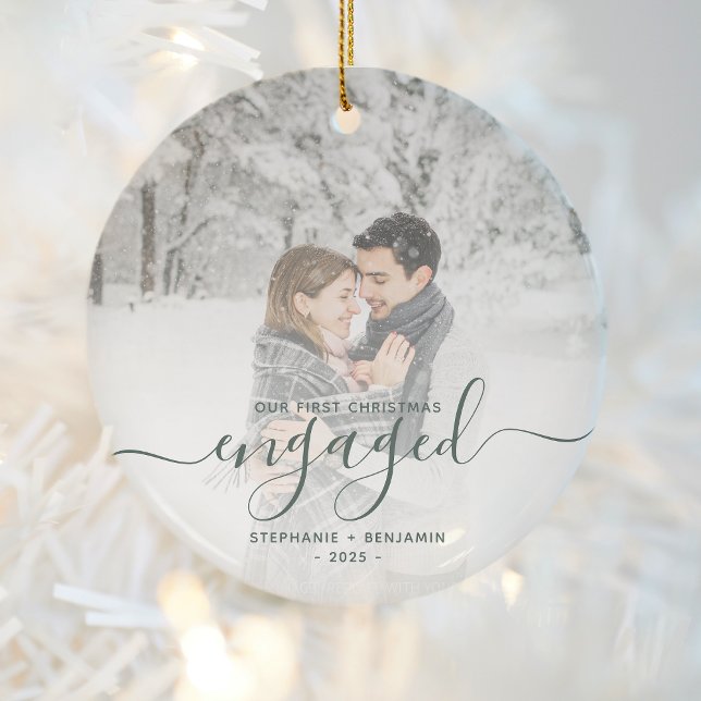 First Christmas Engaged Custom Photo Green Script Ceramic Tree Decoration (Creator Uploaded)