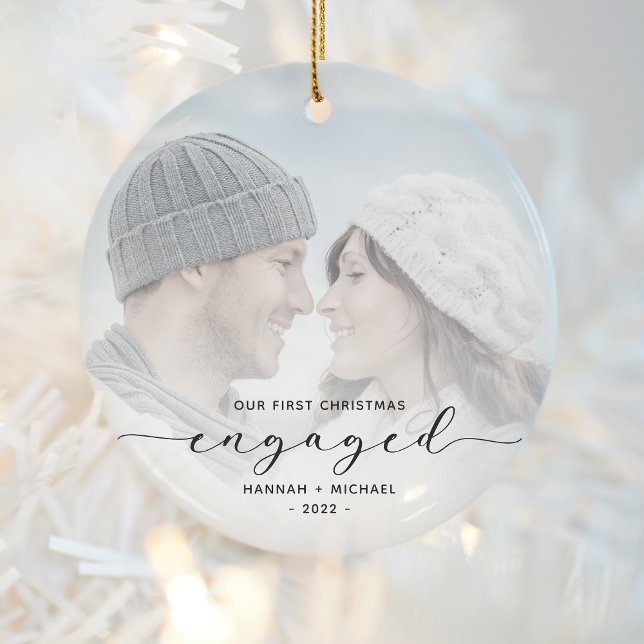 First Christmas Engaged Custom Photo Green Script Ceramic Tree Decoration (Creator Uploaded)
