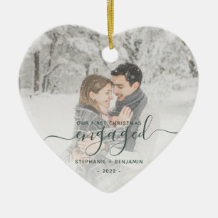 First Christmas Engaged Custom Photo Green Script Ceramic Tree Decoration
